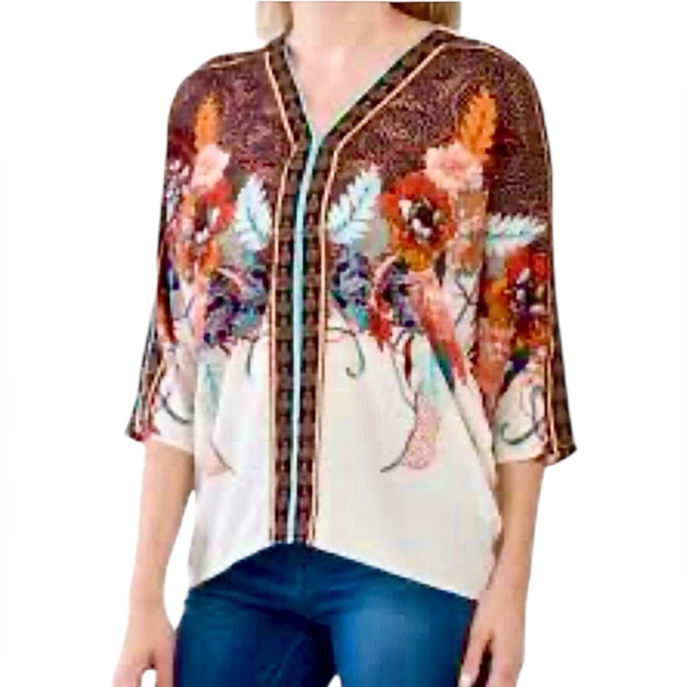 Rose & Olive Multicolor Floral V-neck Dolman Sleeve Kimono Blouse Med #2083